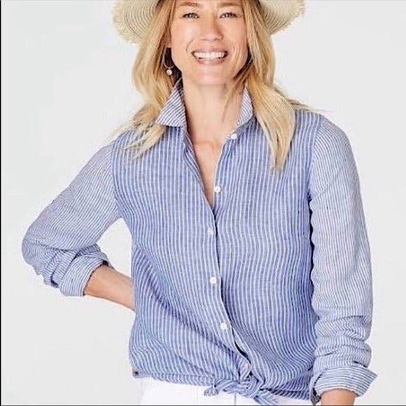 J Jill Striped Love Linen Essential Button Down Shirt - Picture 1 of 6